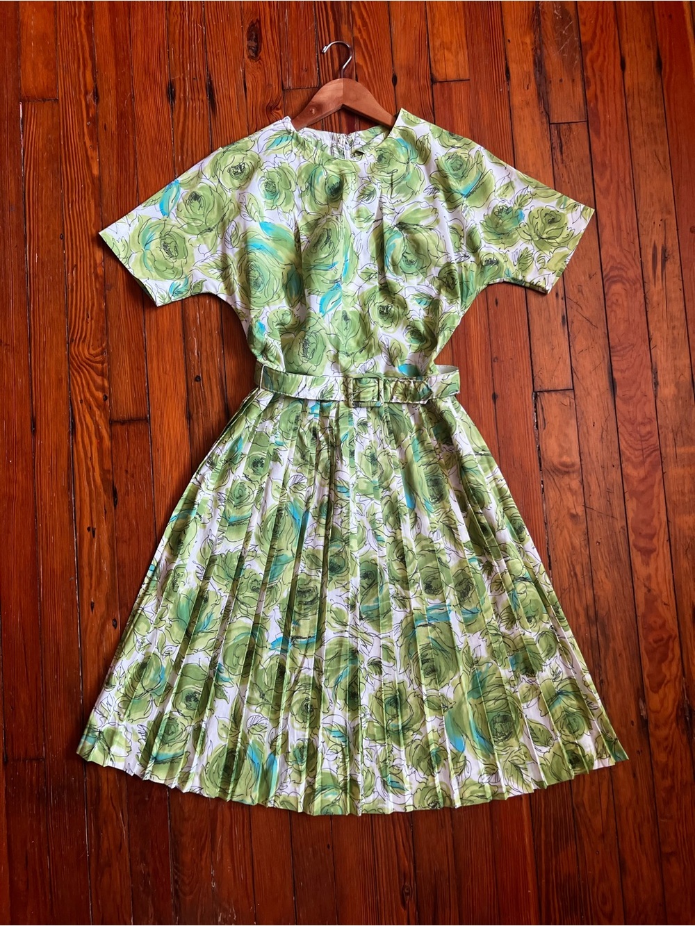 Vintage Fit and Flare Dress with Green & Teal Artsy Floral Print